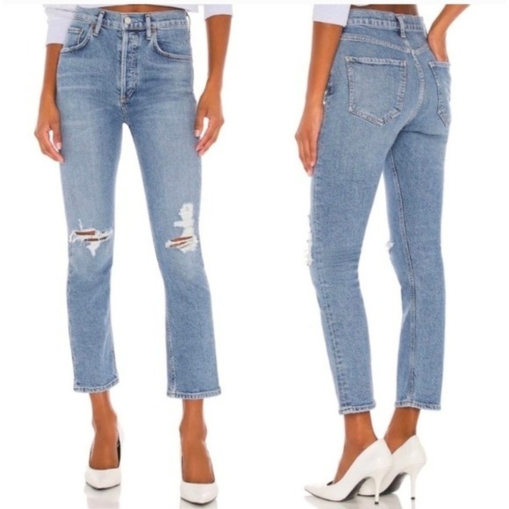 AGOLDE Riley High Rise Straight‎ Crop Jeans Distressed Whiplash Wash Size 28